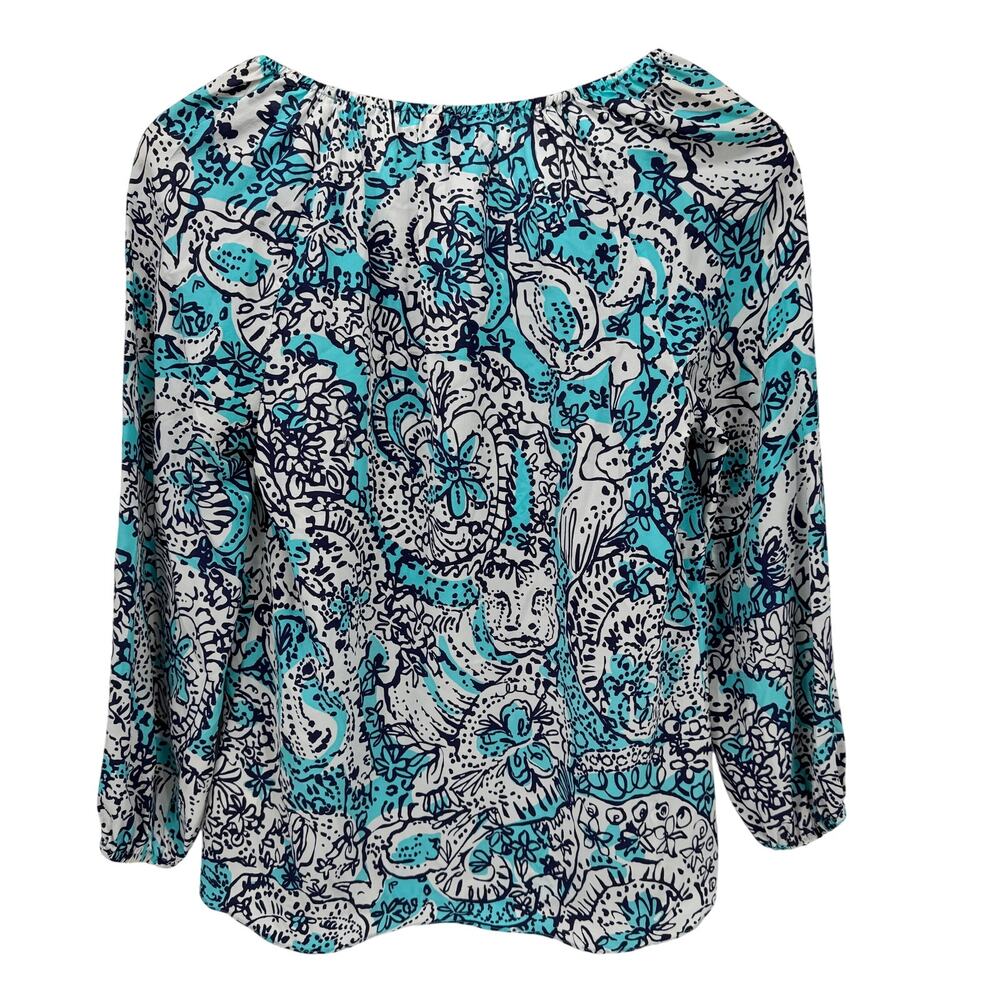 Lilly‎ Pulitzer Blouse Womens XS Blue Floral V-Neck Sarabeth Hippy Hippy Shake - Picture 5 of 9